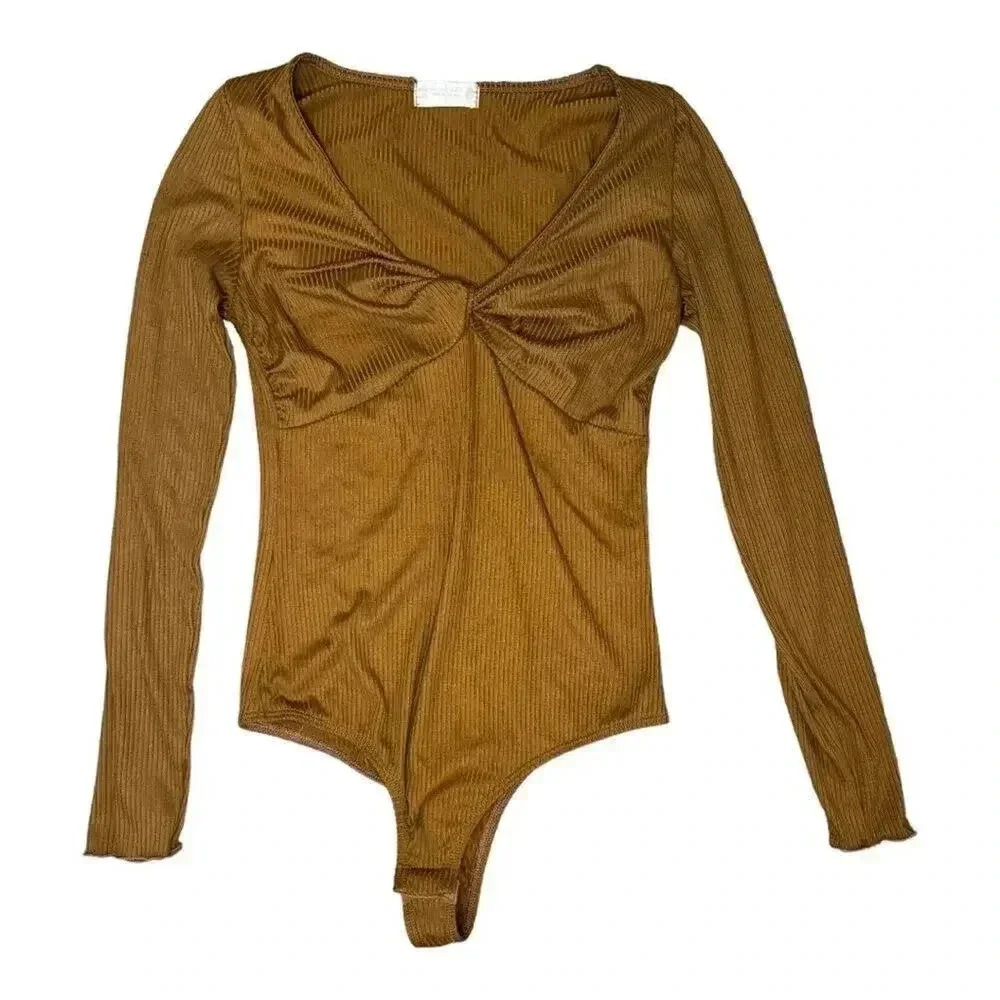 Altar’d State Size Small Brown Ribbed Knit Twist Front Bodysuit